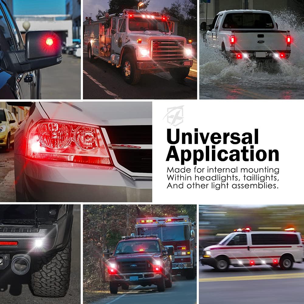 Xprite White Red LED Hideaway Strobe Lights Kit, 20 Flashing Patterns w/Control Panel Headlights Taillights Fog Light Interior Mounting, for Emergency Vehicles Firefighter Cars Trucks SUV 4PCS