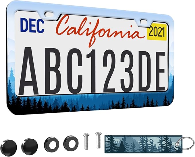 1pcs Mountain License Plate Frame for Women,Natural Pine Forest Mountain Horizon Landscape car Decorative tag Frames Girly,Blue Botanical License Plate Cover Holder for Vehicle with car Keychain tag
