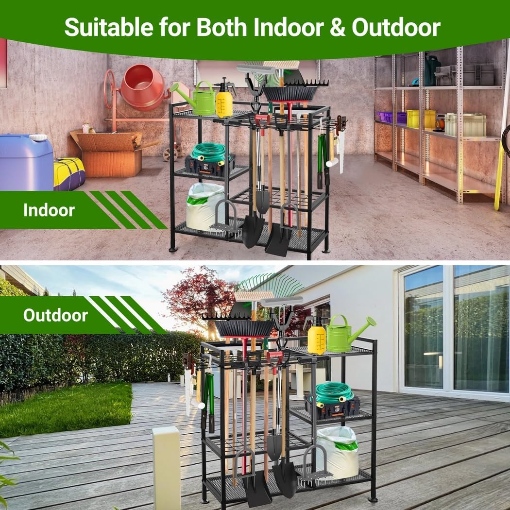 Garden Tool Organizer for Garage, 3 Tiers Garden Tool Holder with Large Tool Slots & Small Tool Hooks, Large Capacity Yard Tool Storage, Heavy Duty Metal Tower Rack for Lawn Garage Shed