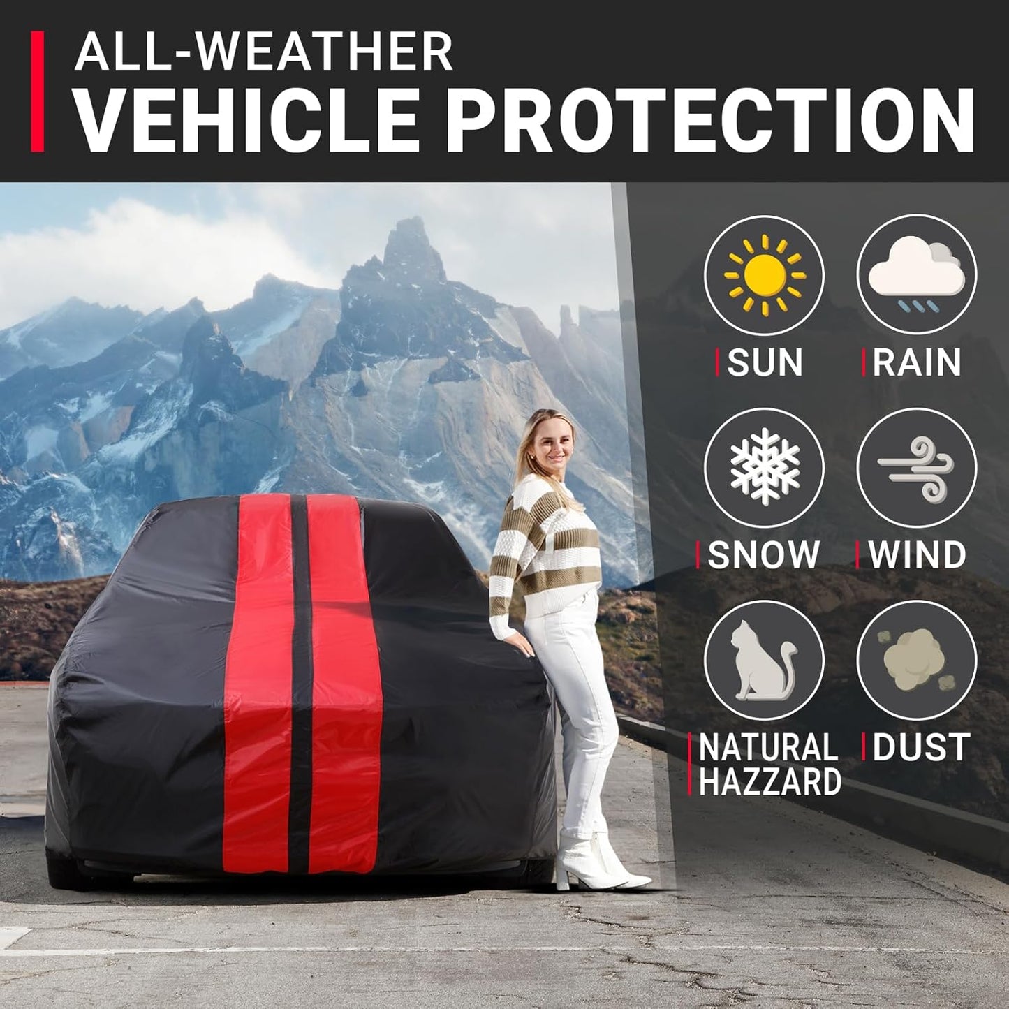 iCarCover Custom Car Cover for Pontiac Catalina (1959-1970) Waterproof All-Weather Rain Snow UV Sun Protector Full Exterior Indoor Outdoor Car Cover (Stripe - Black/Red)