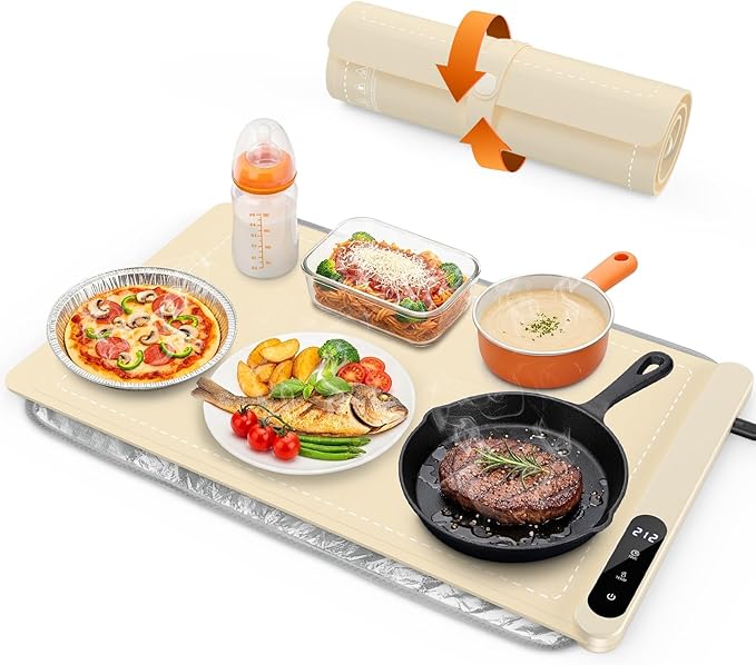 Food Warming Mat, Silicone Electric Warming Tray with 6 Adjustable Temperature, Full Surface Heating, Portable Roll Up Heating Mat with Heat-resistant Pad, Kitchen Food Warmer Pad for Buffets Party