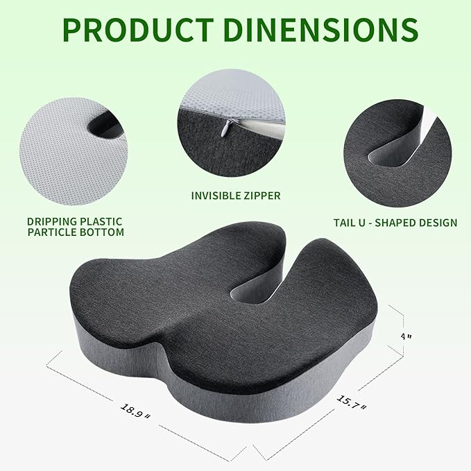Memory Foam Seat Cushion for Office Chair Car Seat Ergonomic Chair Cushion Desk Chair Cushion for Sciatica Tailbone Hip Support Non‑Slip for Office Chairs Desk Accessories (Grey&Black)