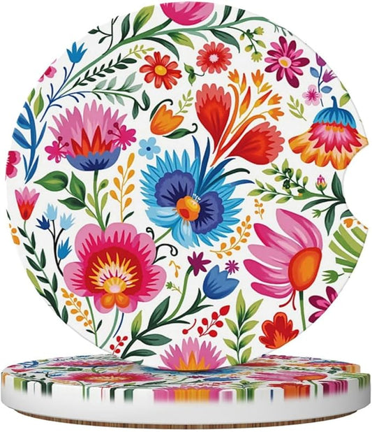 ABLESKY Car Coasters for Cup Holders, 2 Pack Absorbent Anti Slip Car Cup Holder Coasters, 2.56 Inch Ceramic Universal Size Auto Interior Accessories Women Men-Retro Flowers Colorful