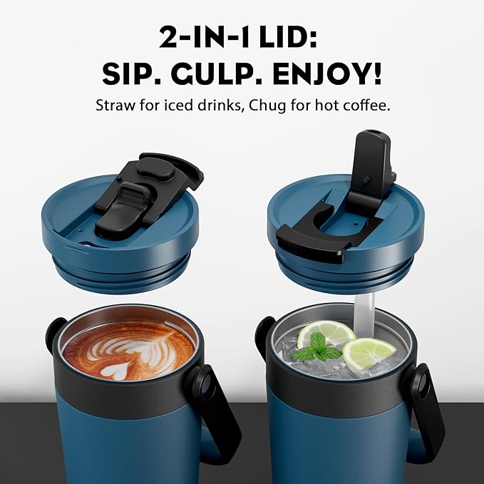 24 oz Insulated Coffee Mug for Travel: 2-in-1 Straw Flip Lid, Keep Cold 24H, Fit in Car Cupholder, Leakproof, Stainless Steel Coffee Tumbler with Handle for Outdoor, Office, Gifts and Sports (Deepsea)