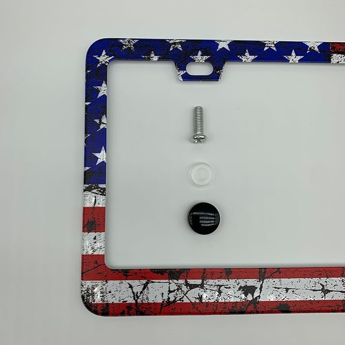 USA Grunge Flag Patriotic License Plate Frame Cover for Men/Women, Powder Coated Stainless Steel Auto Car Tag Frame with 2 Holes & Free Screws