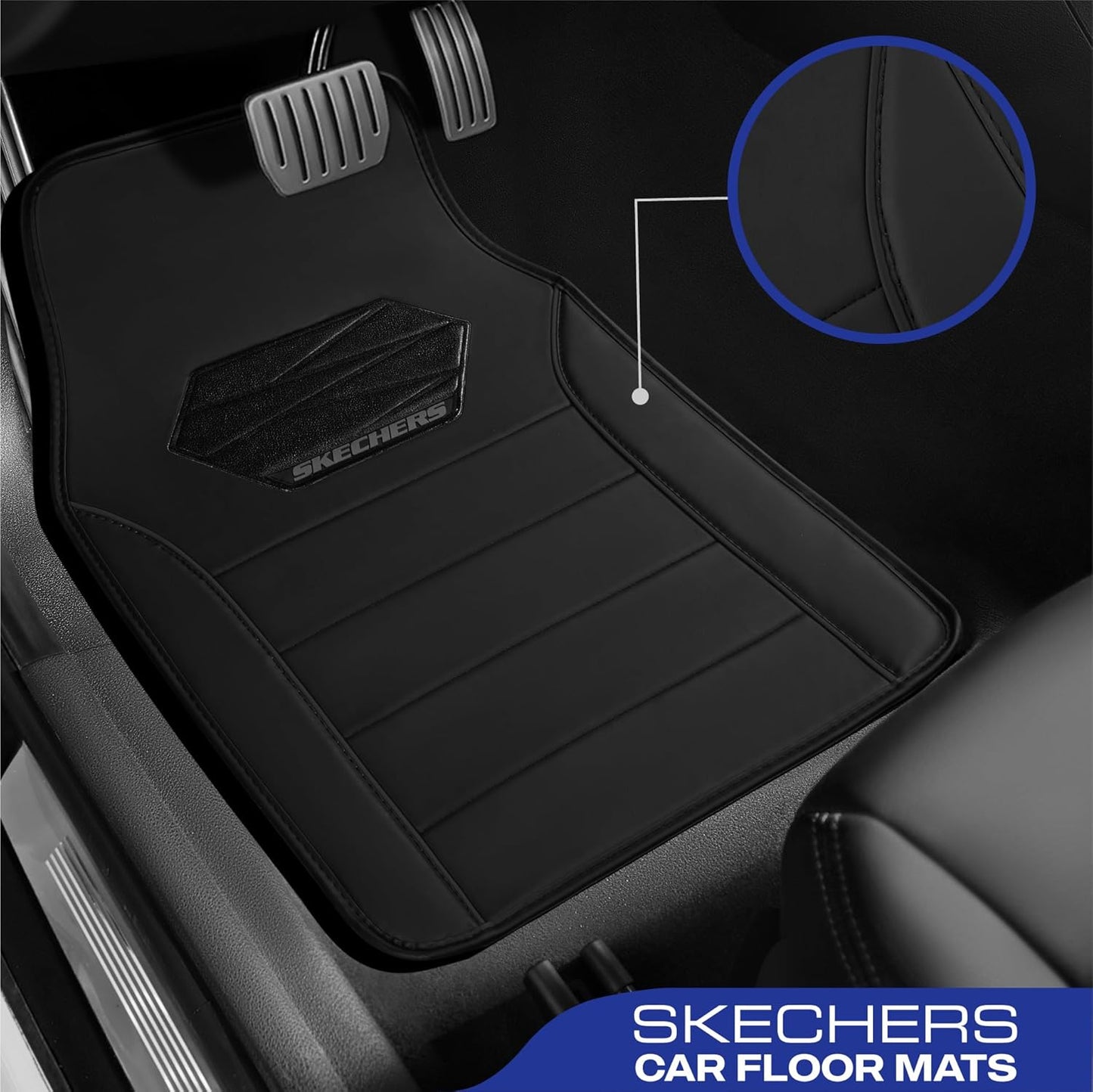 Skechers Memory Foam Car Mats, Leather Piping with Anti-Slip Pad, Universal Waterproof Fit Automotive Floor Mats for SUV, Vans, Sedans, Trucks, Full Set 4pcs Black