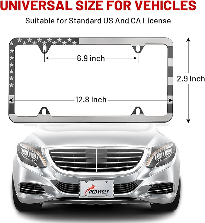 RED WOLF American USA Flag License Plate Frame Stainless Steel Holder Front Rear Auto Tag US Stars & Stripes Slim Edge for Patriotic, 4 Holes Mount W/Screw Accessories Caps 2 PCS