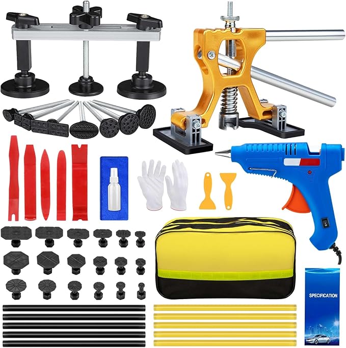 52Pcs Car Dent Puller Kit, Paintless Dent Removal Kit with Adjustable Bridge Puller & Golden Lifter, Dent Repair Kit for Car Hail Damage Large & Small Dent, Refrigerator Door Dent DIY Removal