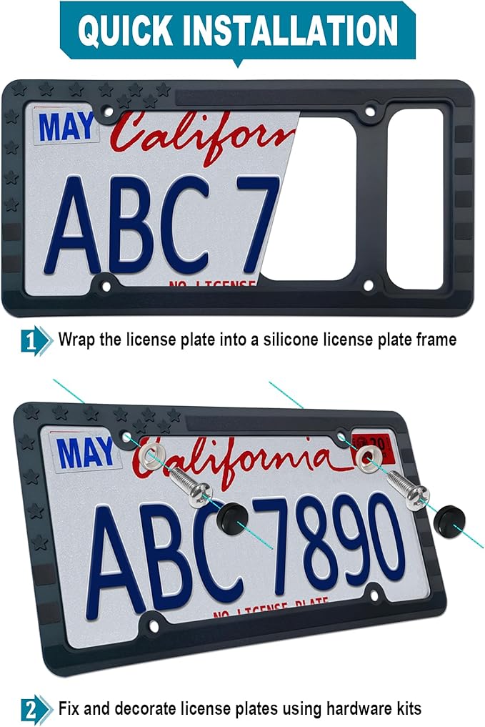 American Flag License Plate Frames- Black Silicone Patriotic Car Tag Holder with Mounting Hardware & Screws Caps，2 Pack Front Rear for Men & Women