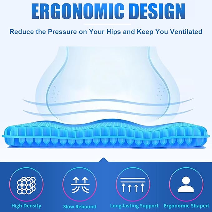 20" Gel Seat Cushion for Long Sitting Pressure Relief(Jumbo&Thick) - Wheelchair Cushion for Pressure Sores - Back, Sciatica & Tailbone Pain Relief Cushion- Non-Slip Butt Pillow for Office, Home, Car