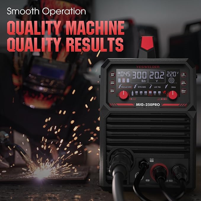 YESWELDER MIG-250PRO Aluminum MIG Welder, 250A 110V/220V Advanced Digital Display, MIG/Pulsed MIG/Flux Core/Spool Gun MIG/Lift TIG/Stick 6-In-1 Multiprocess Welding Machine, Spool Gun Compatible