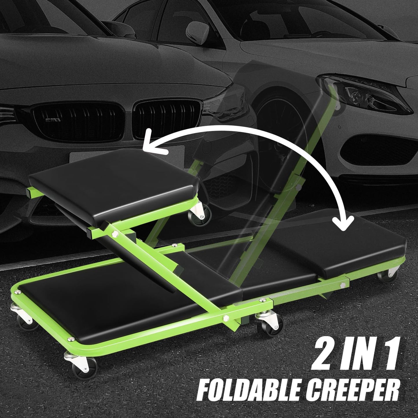 DNA MOTORING 36 Inches 2 IN 1 Rolling Folding Car Creeper/Seat, 6 Pcs 2" Casters, 150kg Weight Capacity, Green, TOOLS-00185-GR