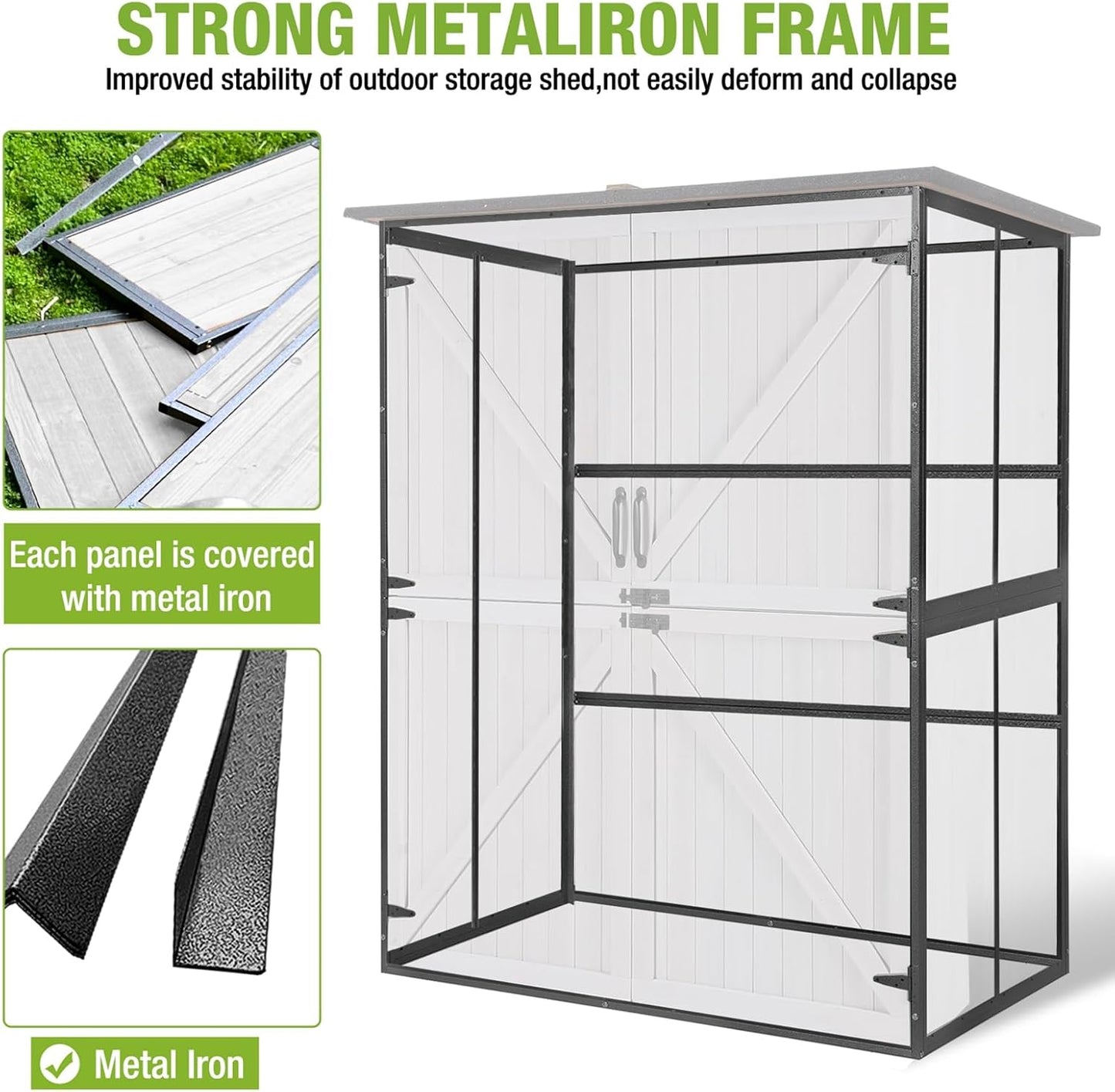 GUTINNEEN Outdoor Storage Shed with Metal Frame,Wooden Tool Cabinet with Adjustable Shelfs, House Garden Shed for Backyard Garden Patio Lawn