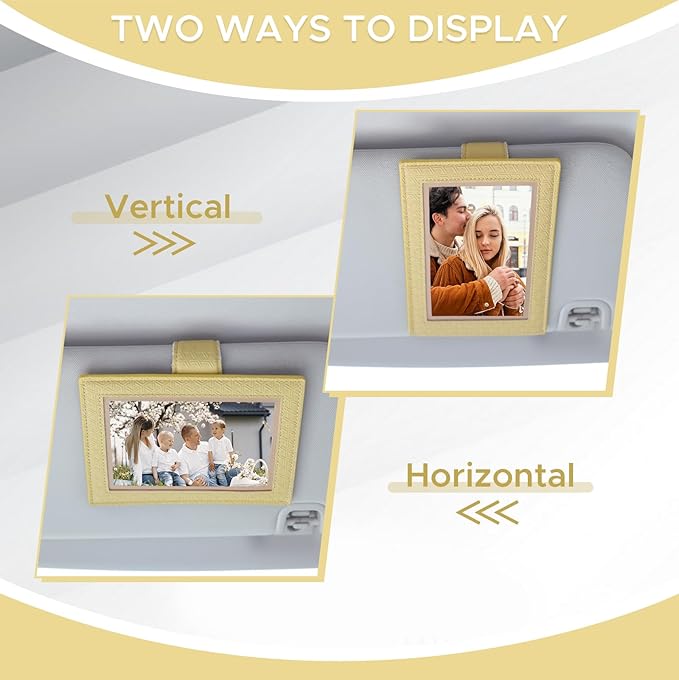 KINIVA 2 Pack Car Picture Holder - Magnetic Faux Leather Picture Frame for Safe Driving - Gift for Dad Mom Husband Wife Car Visor Accessories, Car Accessory (Fits 2.5"x3.5" Photos) (Yellow)