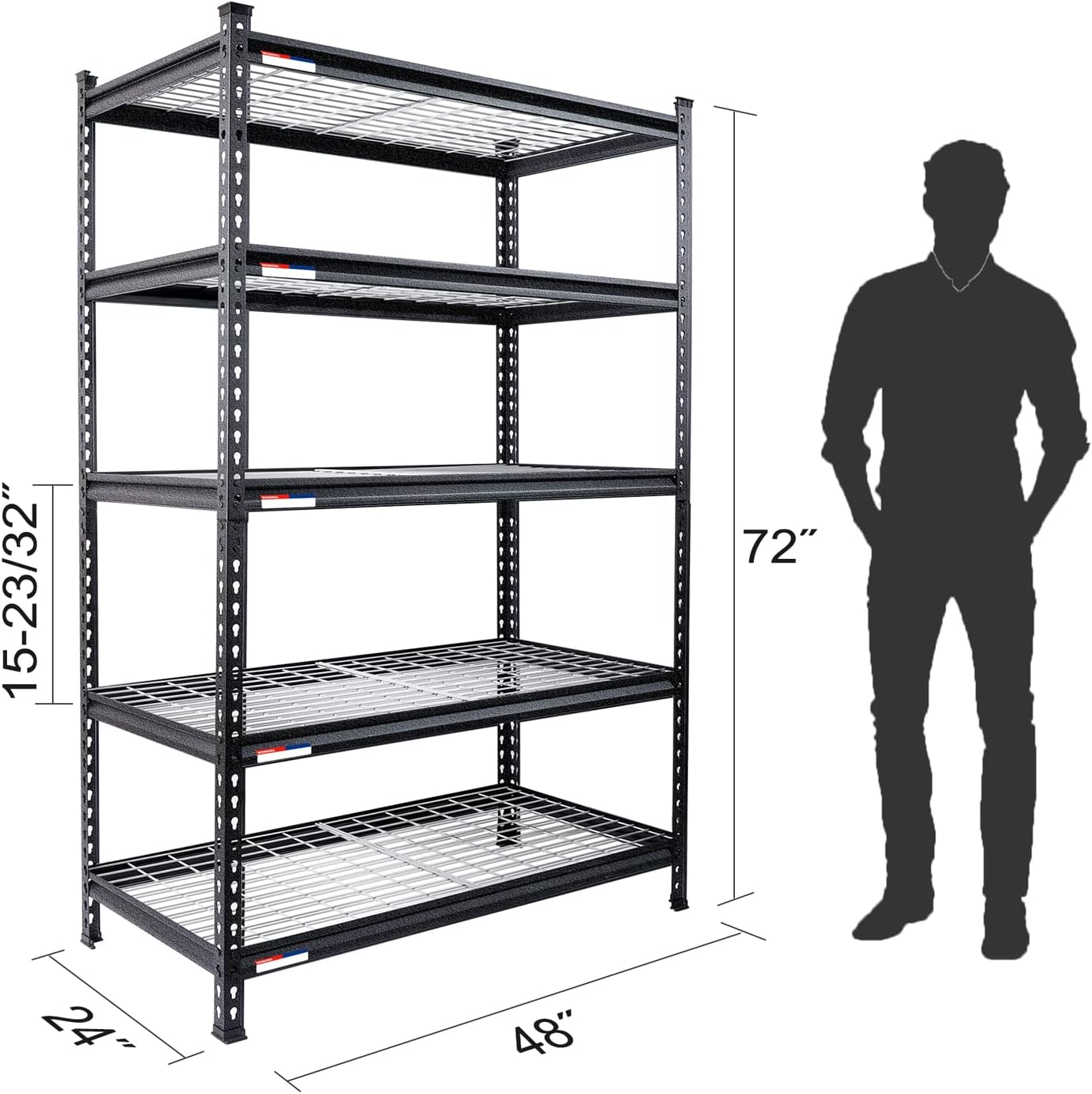 WORKPRO 5-Tier Metal Storage Shelving Unit, 48”W x 24”D x 72”H, Adjustable Storage Rack Heavy Duty Shelf, 4000 lbs Load Capacity (Total), for Garage, Kitchen, Bathroom, Warehouse, Black/Sliver, 10 PCS