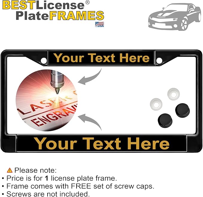 Custom Personalized Black Powder-Coated Metal Laser Engraved Standard Size - Car/Automobile License Plate Frame with Free caps - Black/Gold Text (Qty: 1 Frame)