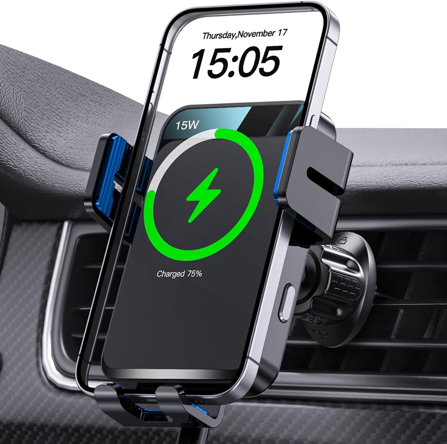 Wireless Car Charger, MOKPR Auto-Clamping Car Mount 15W/10W/7.5W Fast Charging Air Vent Car Phone Mount Compatible with iPhone 16 15/14/13/13 Pro/12 Pro Max/12 pro/12/11/10/8 Series, Samsung Galaxy