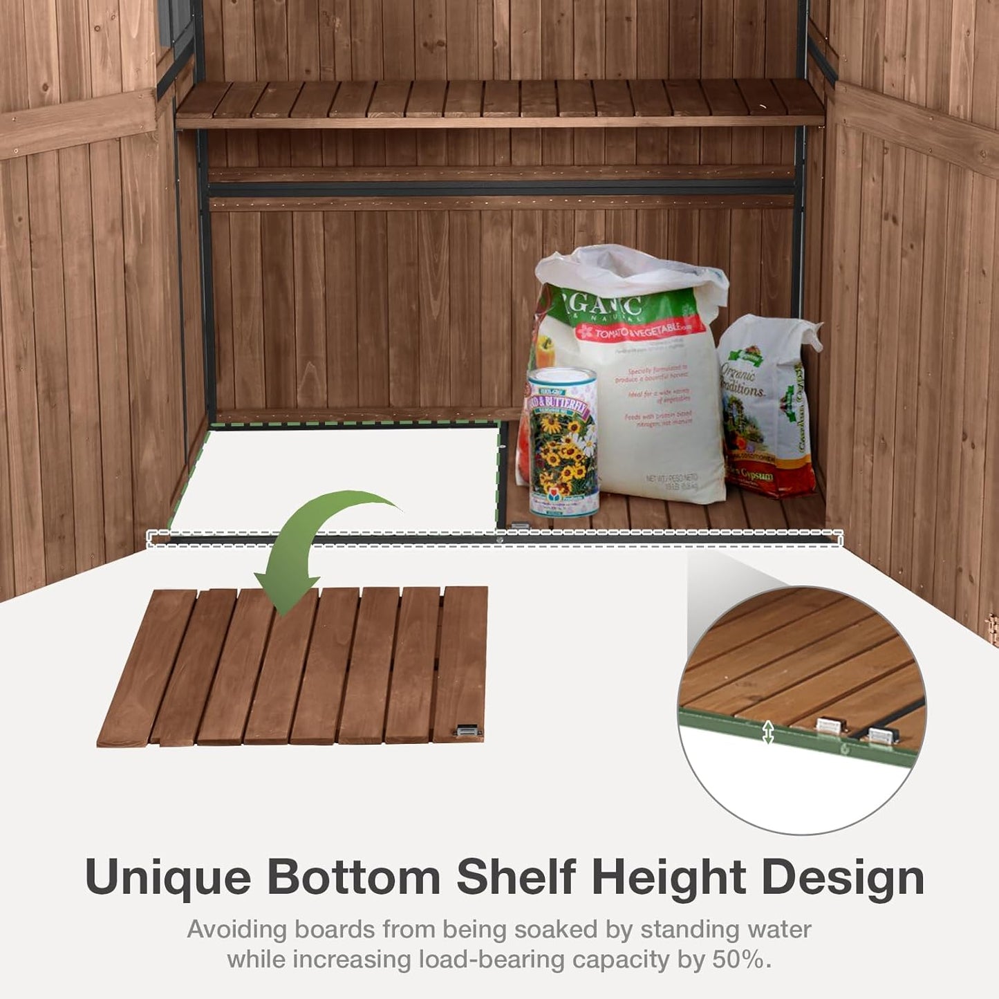 Outdoor Storage Shed with Floor - Waterproof Natural Fir Cabinet with Adjustable Shelves and Double Lock for Anti-Theft - Suitable for Storing Garden Tools, and Household Debris (Deep Brown)