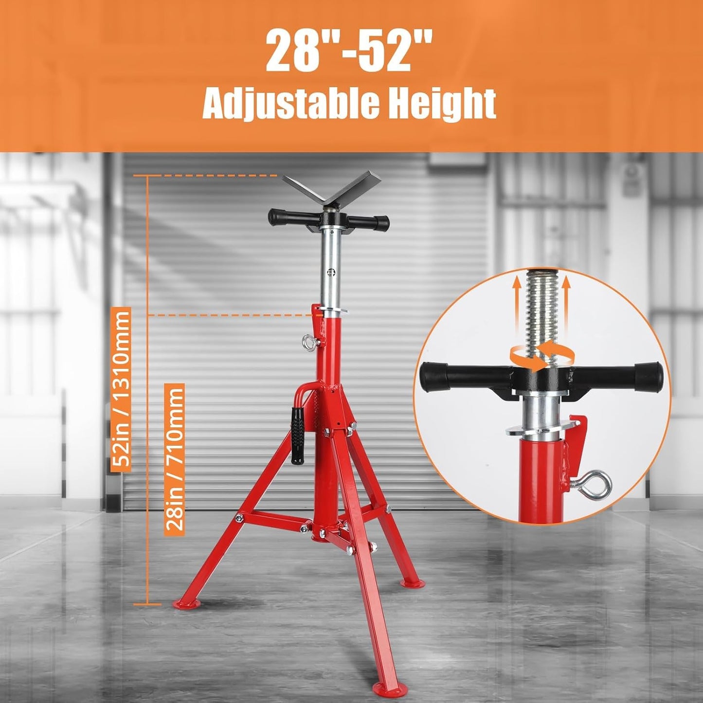 V-Head Pipe Jack Stand, Heavy-Duty Folding Pipe Stand with 2500 Lbs Load Capacity, Adjustable Height 28"-52" for Welding, Automotive & Construction Projects, Red