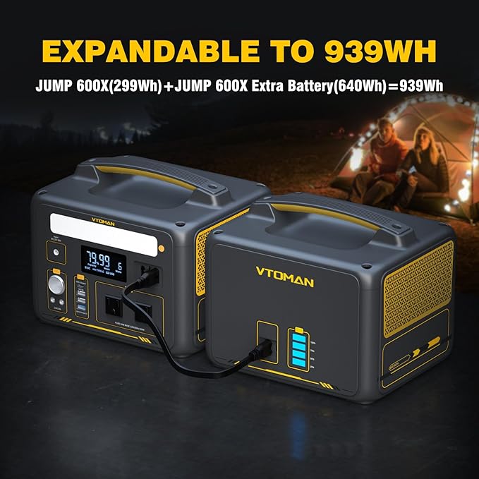 VTOMAN Jump 600X 600W Portable Power Station with 640Wh Extra Battery，939Wh Solar Generator LiFePO4 Battery, 1200W AC Outlet, PD 60W USB-C, 3x Regulated 12V/10A DC for Camping, Off-grid, Home Backup