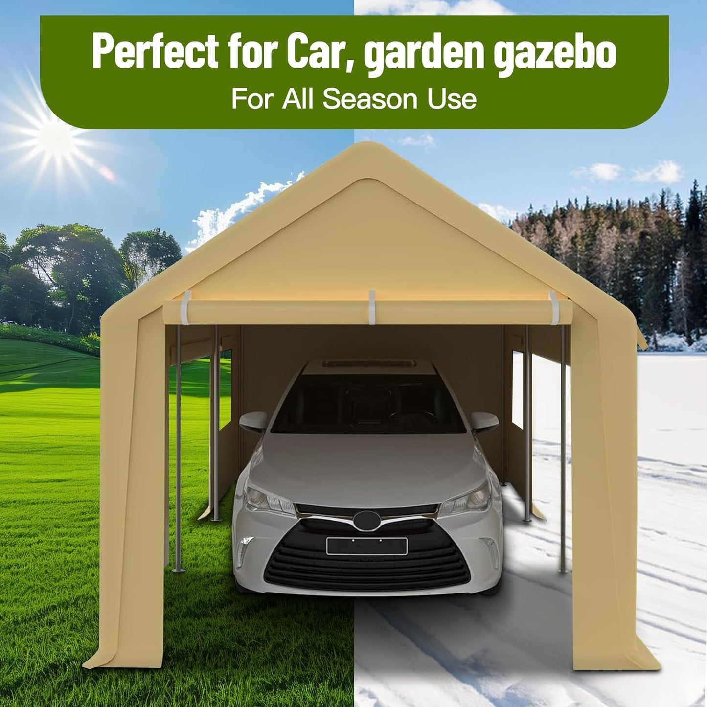 10 x 20ft Heavy-Duty Carport with Roll-Up Windows & Removable Sidewalls & Doors Thickened Wind Ropes, Ground Nails, Portable Car Tent Garage for Cars, Trucks, Boats, 180G Durable Tarp Cover,Yellow