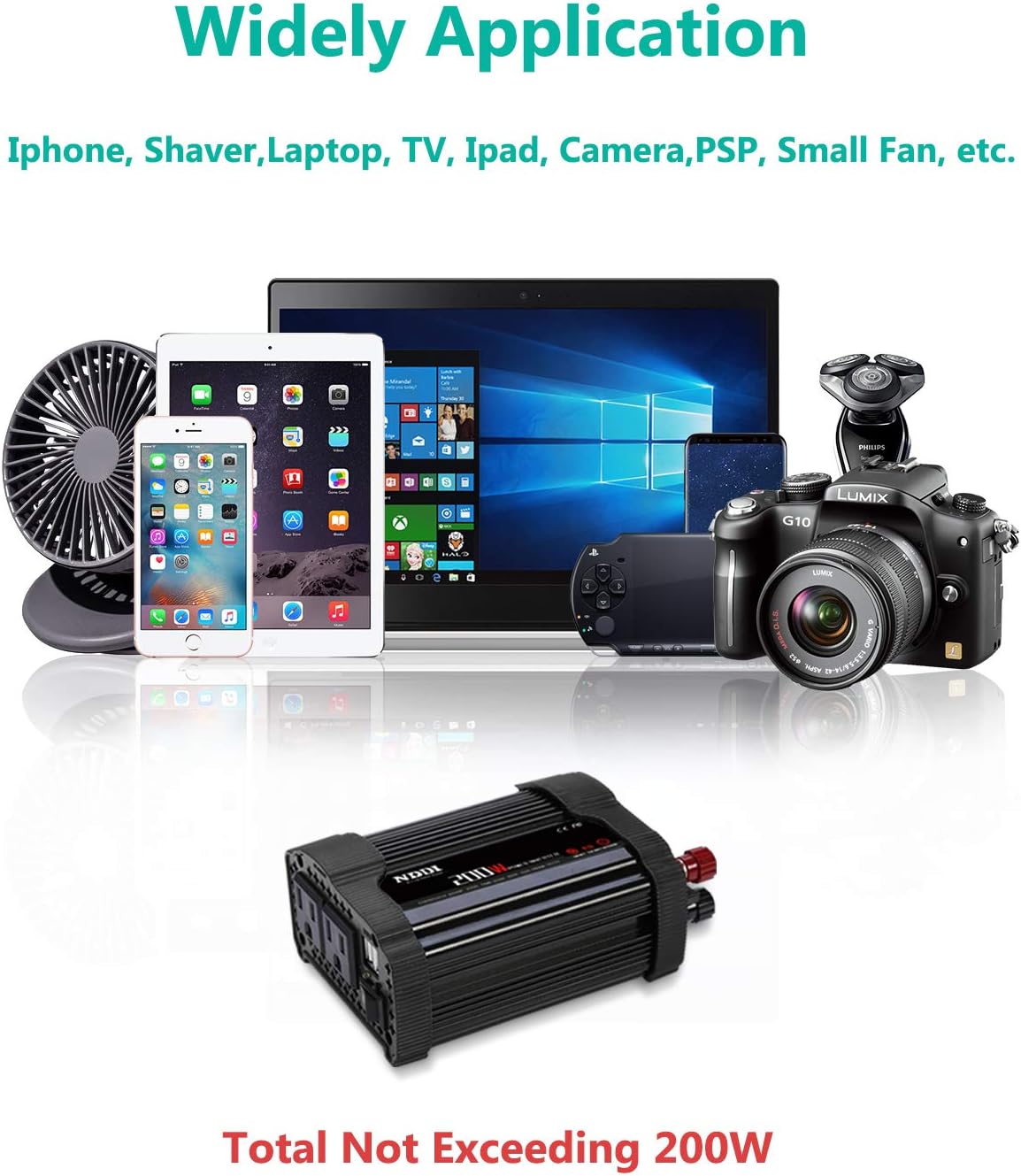 NDDI 200W Car Power Inverter 12V DC to 110V AC Converter with 3.1A Dual USB Quick Car Charger Adapter(Black)