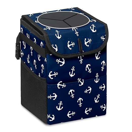 Car Trash Can Nautical Anchor Navy Blue Auto Garbage Bag Car Trash Can with Lid Leak-Proof Car Storage Bag Auto Garbage Bag Hanging for Headrest Collapsible and Portable with Storage Mesh Pocket