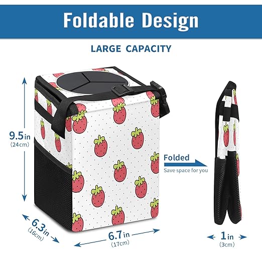 Car Trash Can Lovely Strawberry Auto Garbage Bag Car Trash Can with Lid Leak-Proof Car Storage Bag Garbage Bag Hanging for Headrest Collapsible and Portable with Storage Mesh Pocket