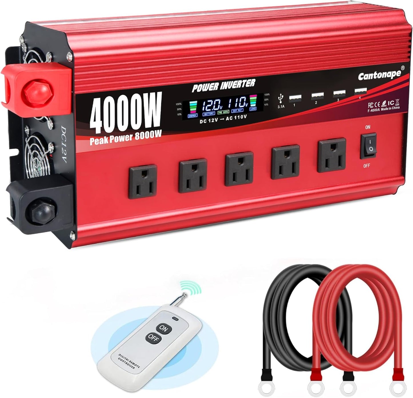 4000W Power Inverter 12V to 110V/120V DC to AC with LCD Display, Remote Controller 5 x AC Outlets and 4 x 3.1A USB Car Adapter for Car Truck Boat RV Solar System