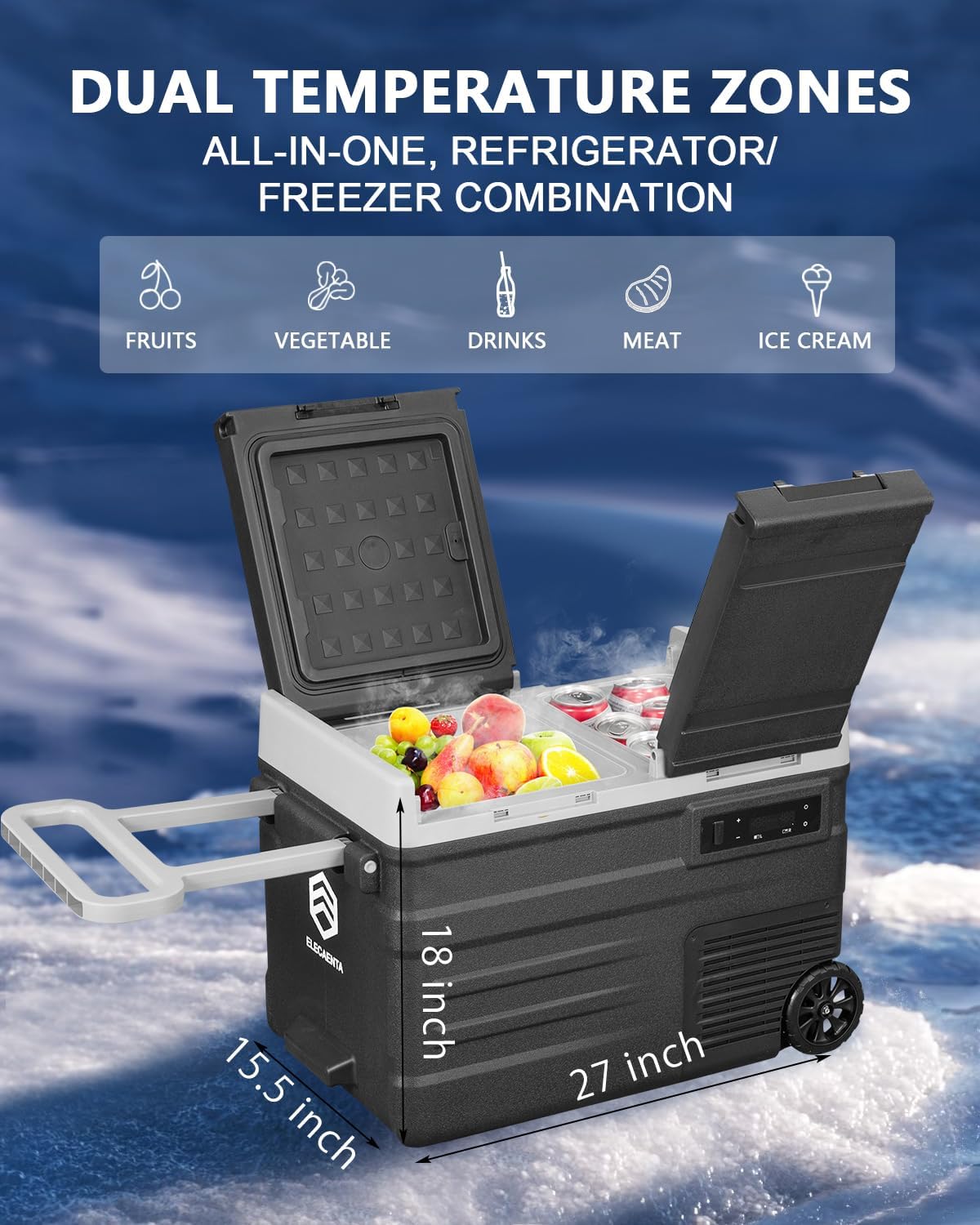 ELECAENTA 12 Volt Refrigerator, 43qt Dual Zone Car Fridge, Portable Freezer -4℉~68℉, Support DC/AC/Solar (Detachable Battery Optional), Electric Cooler for Camping Travel Fishing Road Trips
