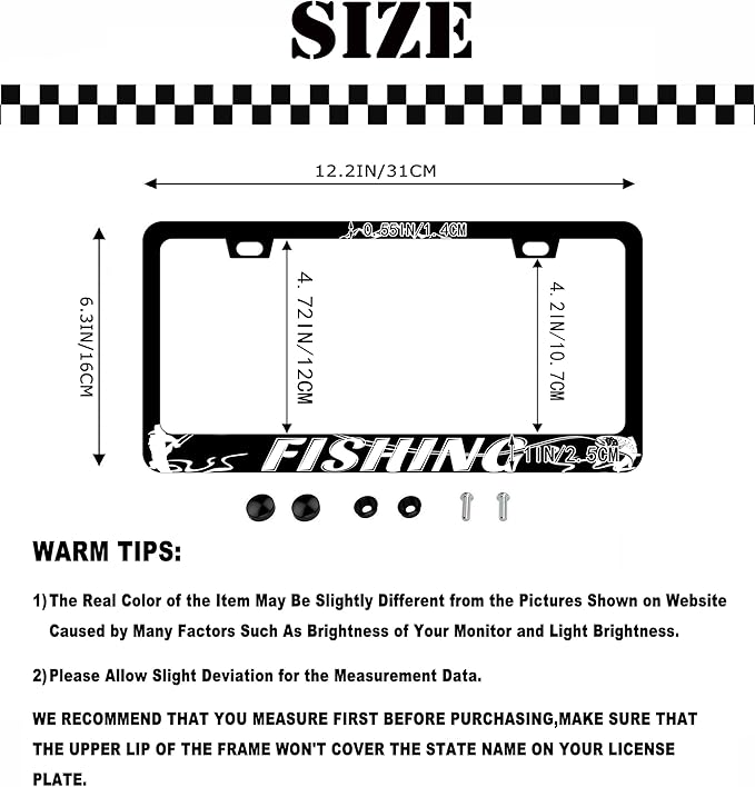 Fishing License Plate Frame Set - Black Thin Front Car Tag Frame 2 Holes for Auto Decorative Gift