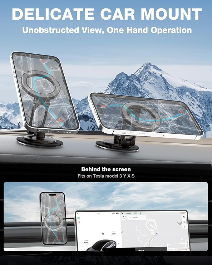 Smolink Tesla Phone Mount, All Metal Strong Magnet Magnetic Phone Holder for Car Dashborad and Tesla Model 3/Y/S/X, Foldable Hidden for MagSafe Car Mount Fit for iPhone All Phones, Grey