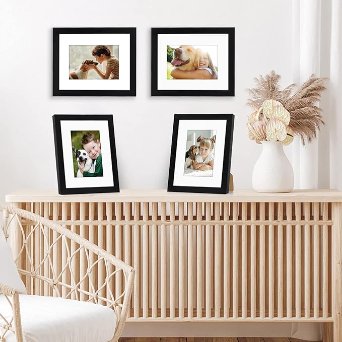 Americanflat 4 Piece 8x10 Black Picture Frame Set - Displays 5x7 With Mat and 8x10 Without Mat - Composite Wood with Shatter Resistant Glass - Horizontal and Vertical Formats for Wall and Tabletop