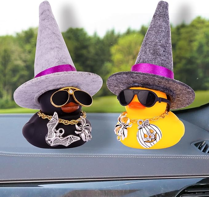 Car Rubber Duck Ornaments Halloween Duck Car Dashboard Decorations with Mini Witch Hat Sunglasses Necklace Halloween Accessories for Halloween Themed Gifts(W9-Dark Gray&Purple Ribbon)