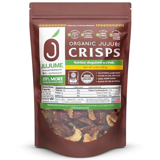 USDA Organic California Grown Pure Jujube Product | JUJUME Crisps | Sweet Jujube Chips | ZERO Added Sugar or Preservatives | All-Natural Healthy Snack | 1-pack 6 oz. bag