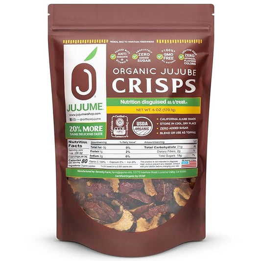 USDA Organic California Grown Pure Jujube Product | JUJUME Crisps | Sweet Jujube Chips | ZERO Added Sugar or Preservatives | All-Natural Healthy Snack | 1-pack 6 oz. bag