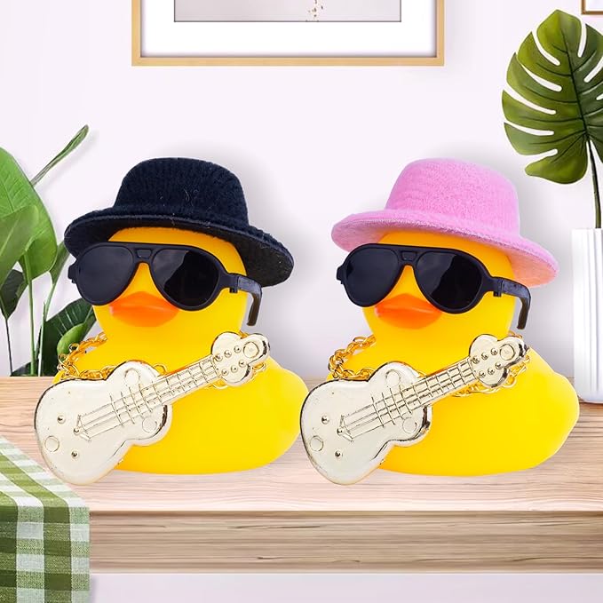 Car Rubber Duck Ornaments Yellow Duck Car Dashboard Decorations with Mini Top Hat Guitar Sunglasses Necklace(G2)