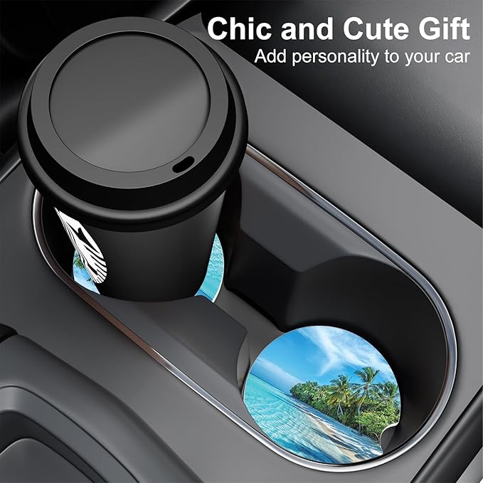 Car Cup Holder Coaster, Car Coasters for Cup Holders, 4 Pack Universal Anti Slip Insert Absorbent Ceramic Auto Interior Accessories with A Finger Notch & Cork Base, Sky and Sea