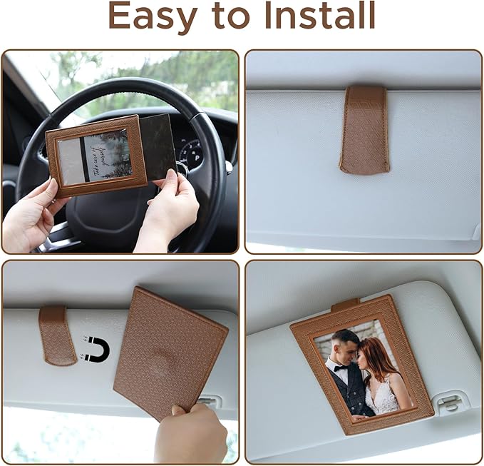 KINIVA 2 Pack Car Picture Holder - Magnetic Faux Leather Picture Frame for Safe Driving - Gift for Dad Mom Husband Wife Car Visor Accessories, Car Accessory (Fits 2.5"x3.5" Photos) (Coffee)