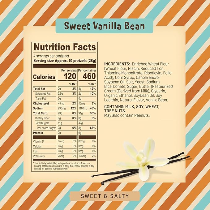 Vanilla Bean Flavor Pretzels – 4 Oz Gourmet Snack, Crunchy Bite-Sized Treats with Rich Butter Toffee Coating – Perfect for Sharing & Indulging (Pack of 12)