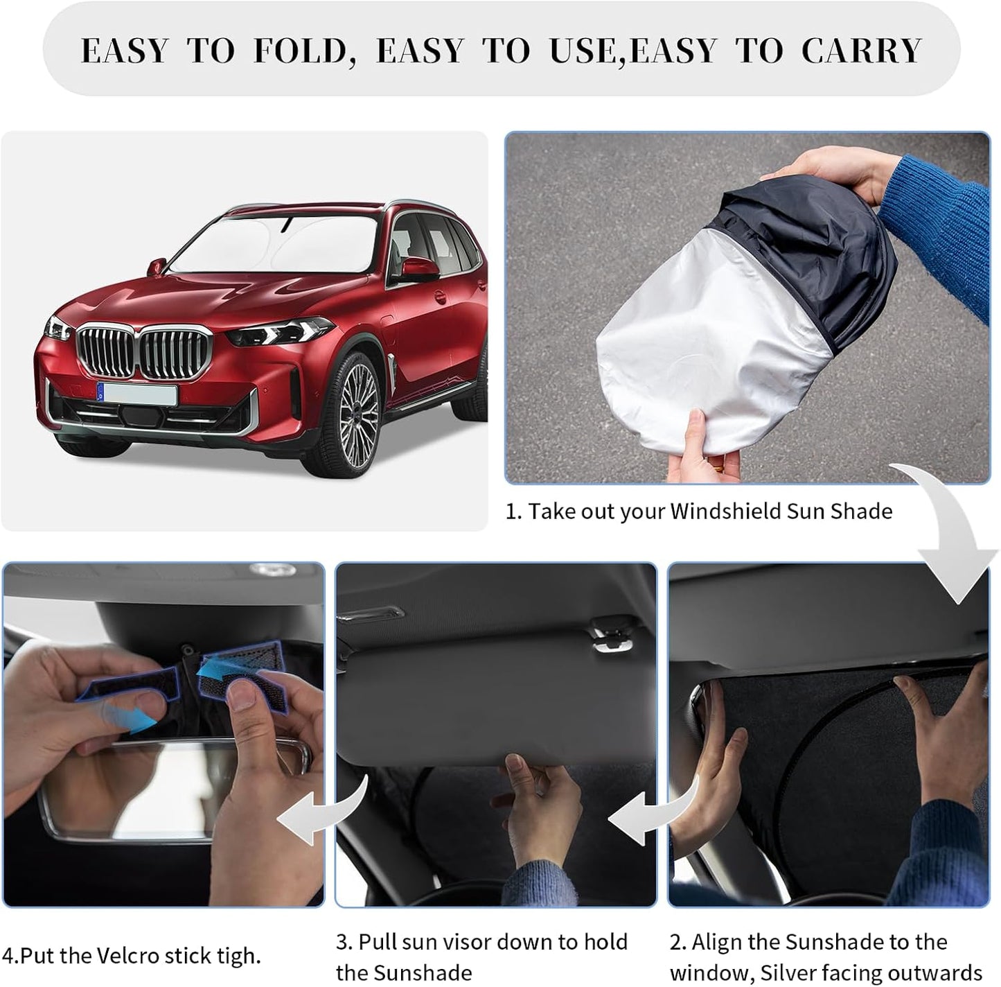 Sun Shade Sunshade for 2025 2026 BMW X5 Windshield Cover, 4-Layer Front Window Shade Custom fit BMW X5 M Sport xLine SUV 2019-2024 Sun Visor Retractable Shield Shade Blocks UV Rays Car Accessories