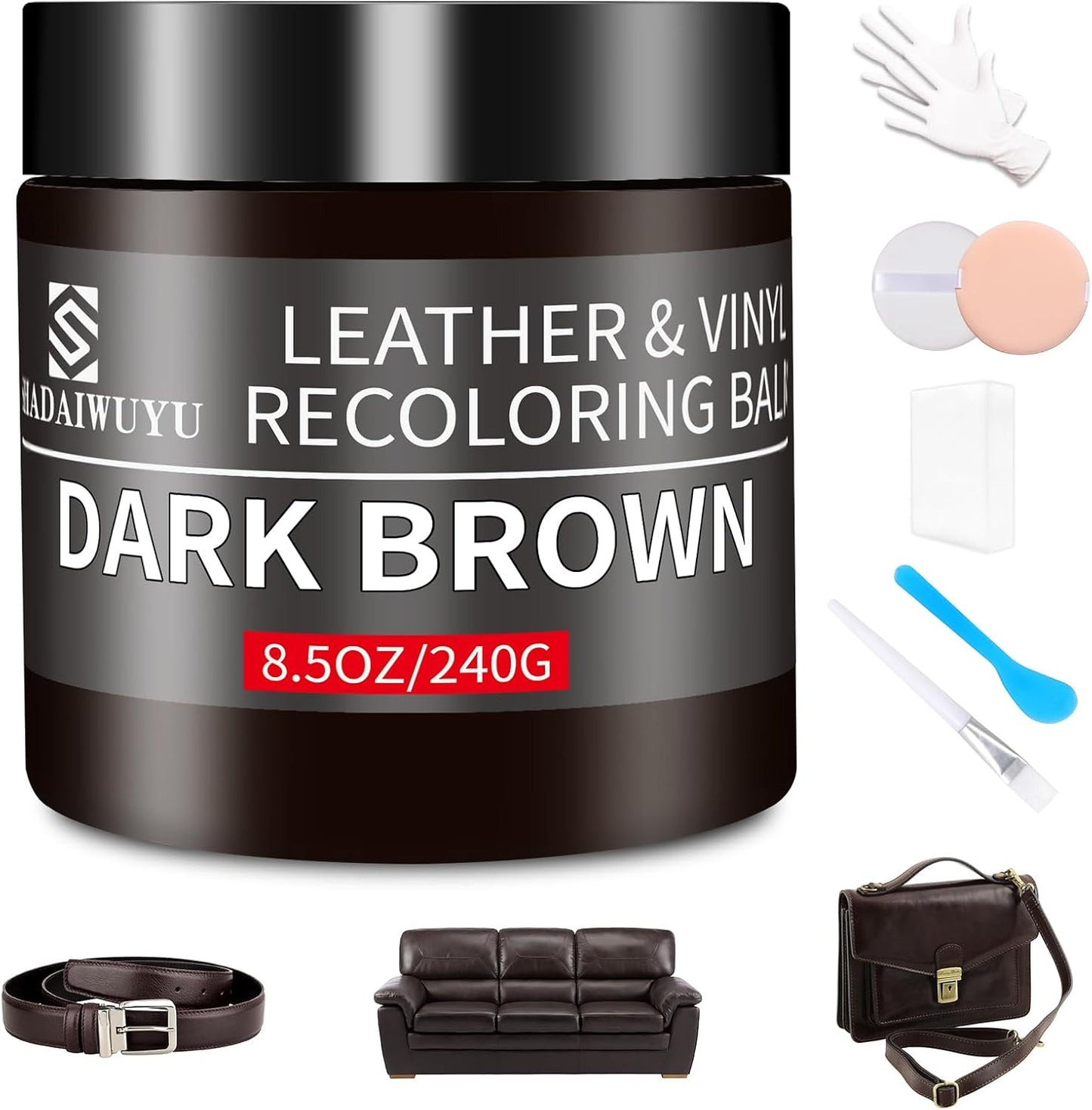 Leather Recoloring Balm,8.5oz Leather Color Restorer,Dark Brown Leather Repair kit for Furniture and Car Interior,Leather Couch Scratch Repair,Leather Dye Paint for Faded,Cracked and Damaged Leather