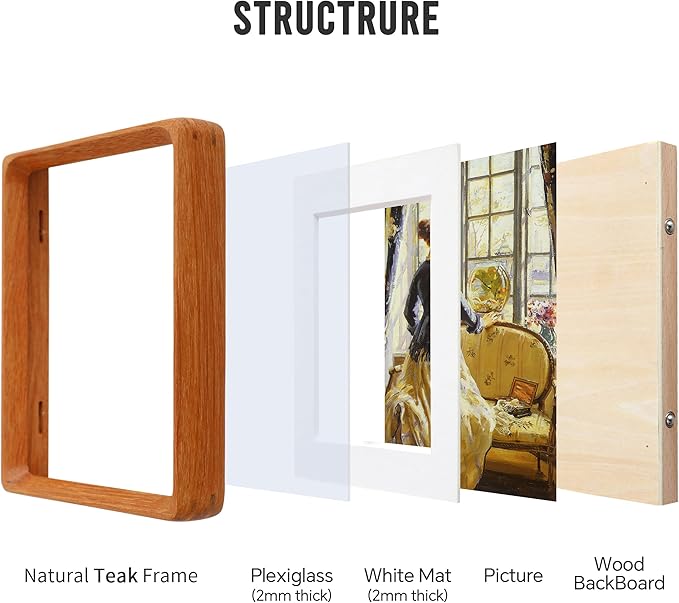 Natural Teak Wood Picture Frame,Picture 4x6 with Mat or 5x7 Without Mat,Standing Desk Photo Frame 5 by 7,Plexiglass,Tabletop or Wall Display