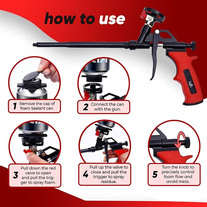 Luft Professional Expanding Foam Spray Gun (1 Insulation Guns + 9 Extenders) PU Insulating Applicator Heavy Duty Metal Body Dispensing Foam Gun Suitable for Caulking, Filling, Sealing (1 Pack)