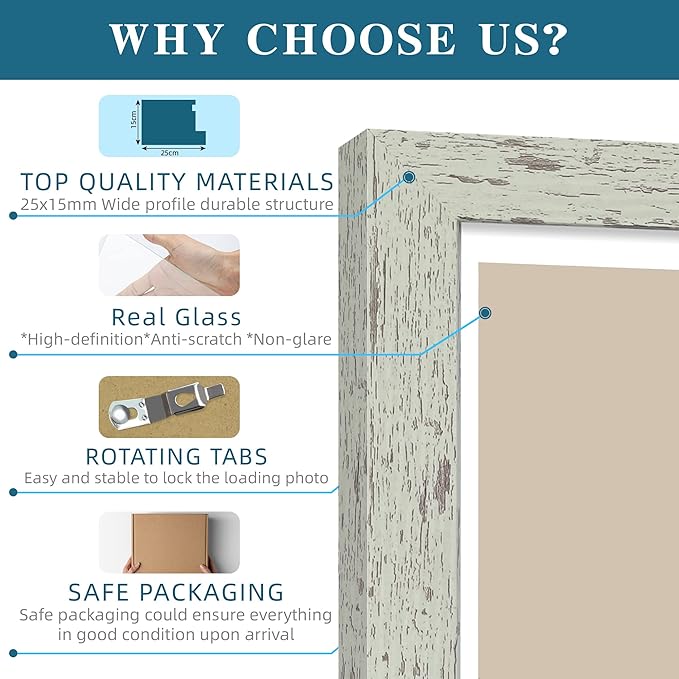 4x6 Picture Frame Set of 4, Made of Real Glass and Sage Green Wooden Frame, 4 by 6 Photo for Wall or Tabletop - Display Picture 3.5x5 with Mat or 4x6 Without Mat