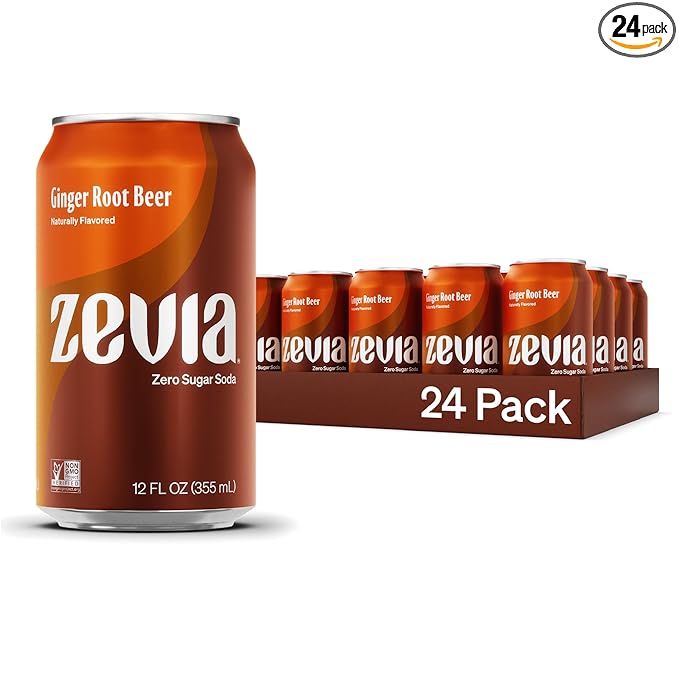 Zevia Zero Sugar Soda, Ginger Root Beer, 12 oz Cans (24-Pack) – Naturally Sweetened, Zero Calorie Sugar Free Soda - Non-GMO Project Verified, Gluten-Free, Vegan