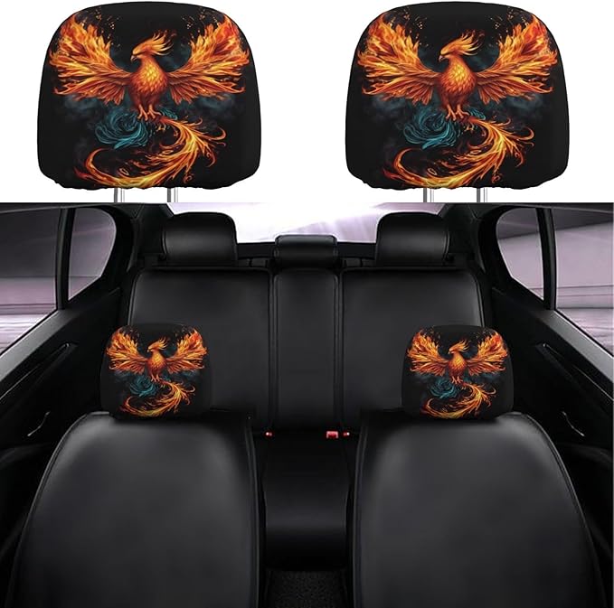 Dujiea 2 Pack Fire Animal Pheonix Print Car Headrest Covers, Universal Soft Car Seat Head Rest Cover Protector, Vehicle Accessories Fabric Headrest Cover for Cars Vans Trucks