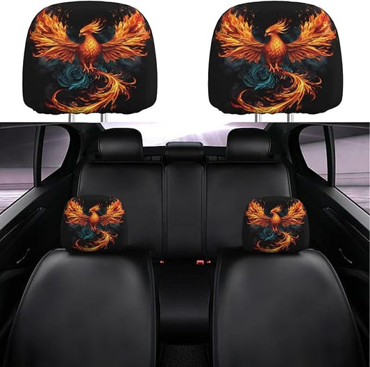Dujiea 2 Pack Fire Animal Pheonix Print Car Headrest Covers, Universal Soft Car Seat Head Rest Cover Protector, Vehicle Accessories Fabric Headrest Cover for Cars Vans Trucks