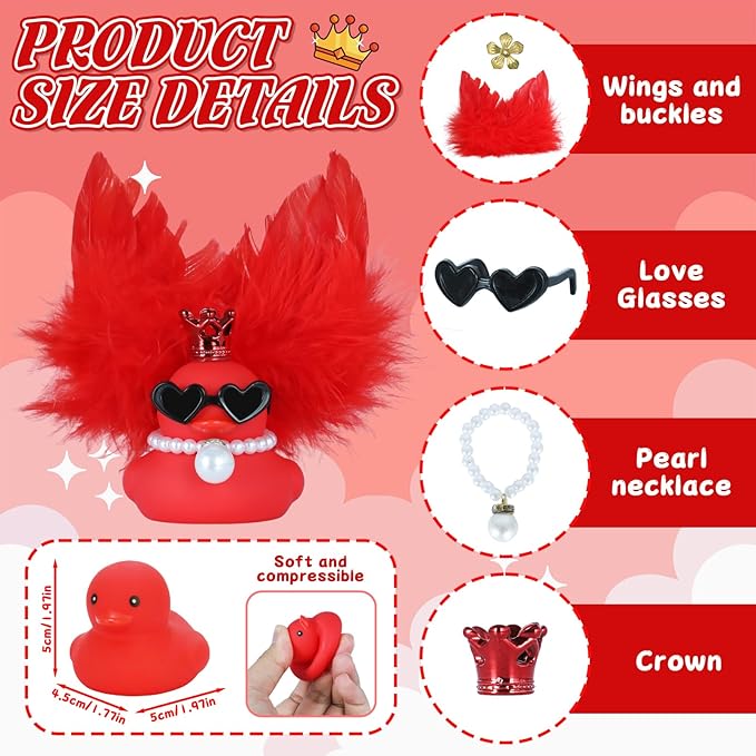 Car Ducks Rubber Duck Car Ornaments, Red Angel Feather Duck with Crown, Sunglasses, Red Wings & Pearl Necklace, for Women, Office, and Home Decor