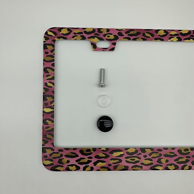 Pink Gold Leopard Pattern License Plate Frame Cover, Matte White Powder Coated Stainless Steel, Animal Print Auto Car Tag Frame with 2 Holes & Free Screws